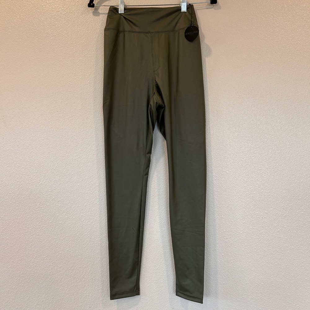 OFFLINE by Aerie Real Luxe Olive Green Faux Leather High Rise Leggings M